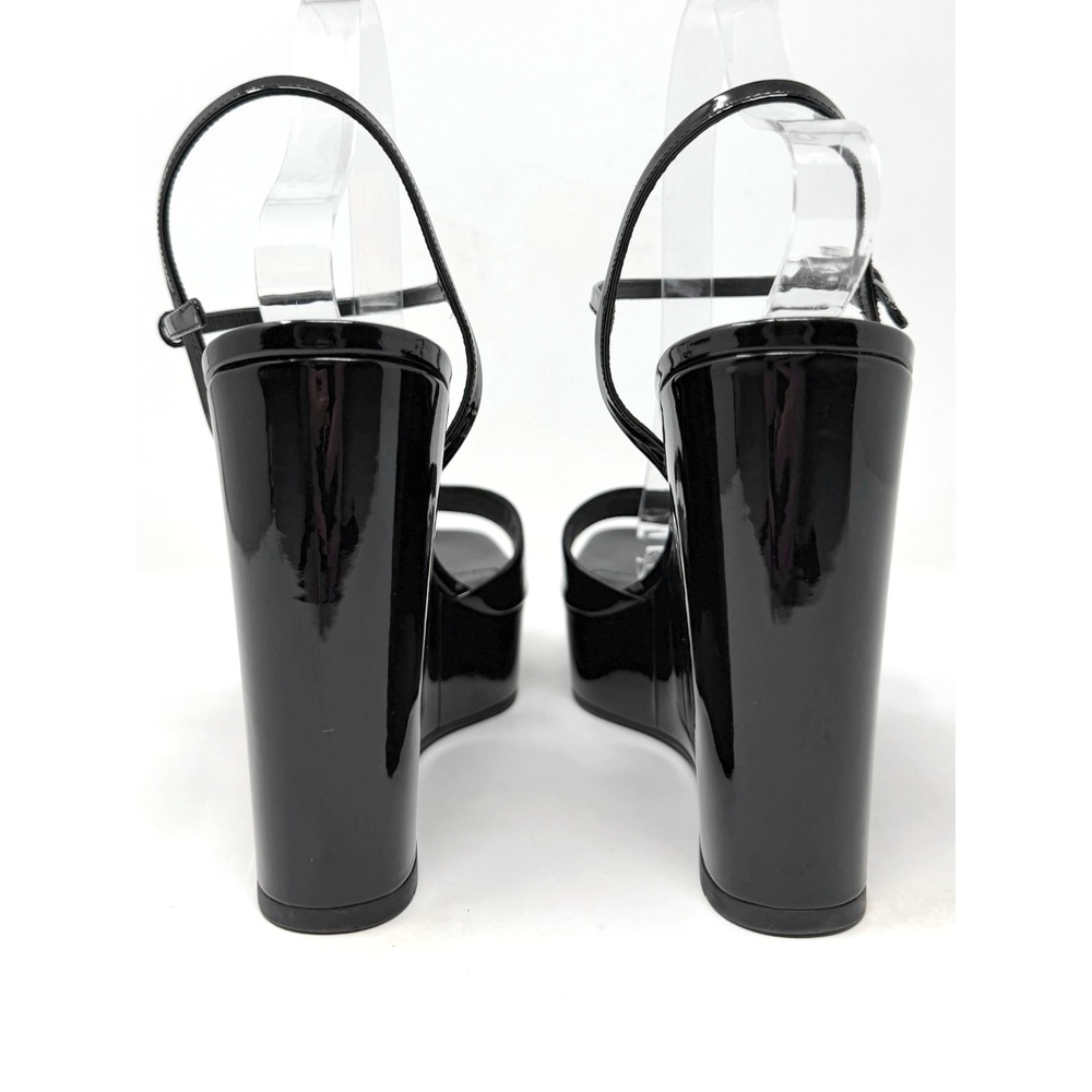 Prada Black Patent Leather Platform Wedge Sandals Size 41 Ankle Strap Heels - Picture 5 of 9